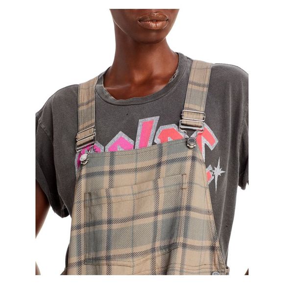 WEWOREWHAT Womens Brown Bib Overall Side Button Plaid Straight leg Jumpsuit M - Picture 3 of 3